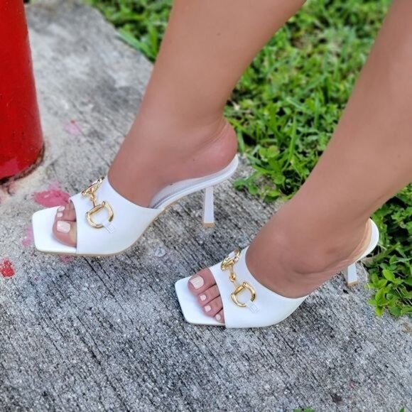 Women's White Open Square Toe High Mule Sandals - Picture 1 of 5